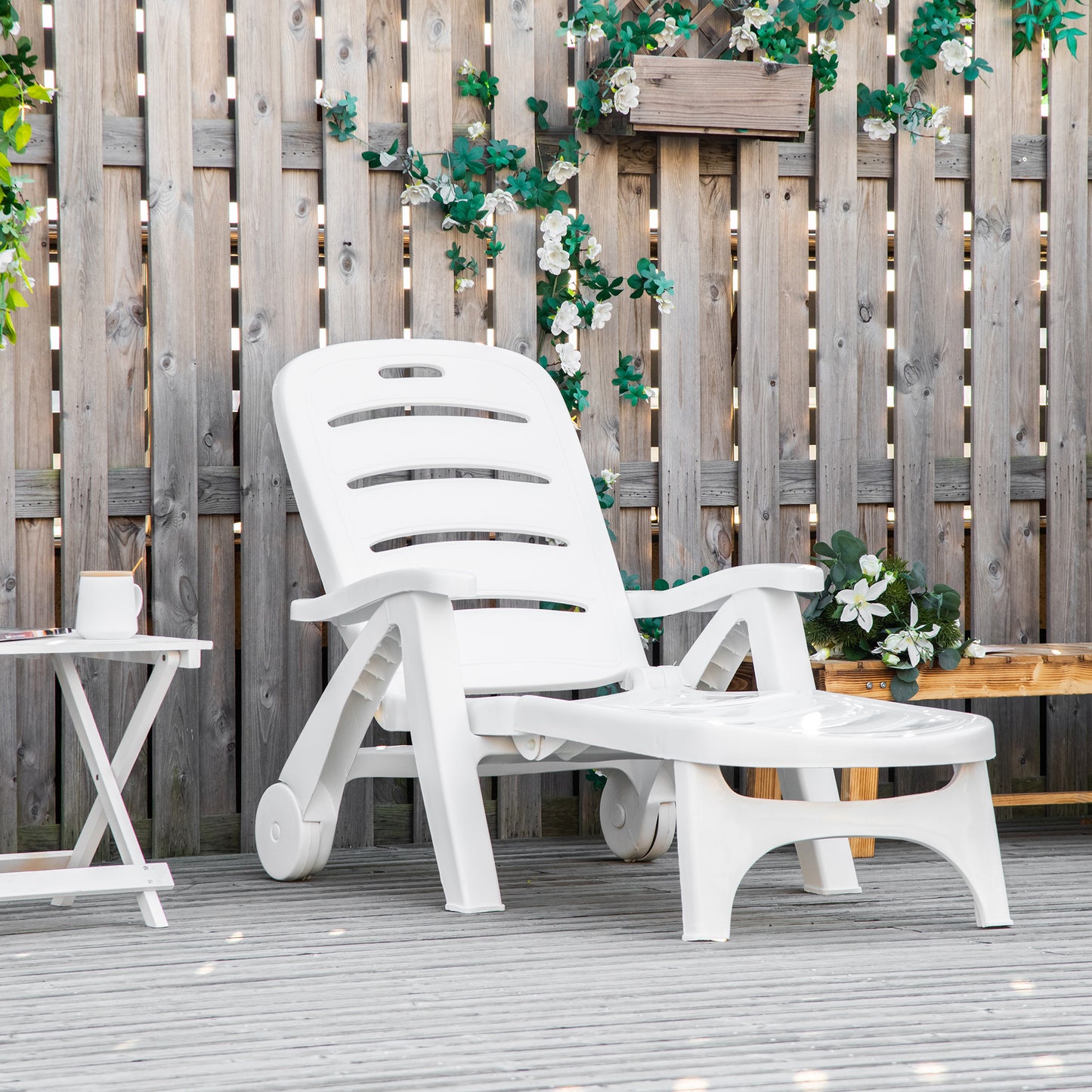 Outsunny Outdoor Folding Plastic Chaise Lounge Chair on Wheels, Patio Sun Lounger Recliner & 5-Position Backrest for Garden, Beach, Pool, White