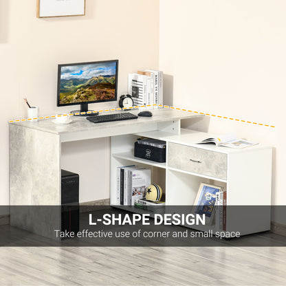 L-Shaped Computer Desk Home Office Corner Desk Study Workstation Space Saving Table with Shelves Drawer, Grey and White