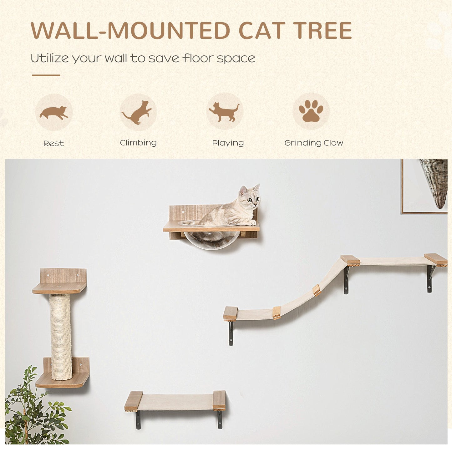 PawHut 4 Piece Wall-mounted Cats Climbing Shelf Set Cat Tree Kitten Perch Activity Centre with Hammock Scratching Post Jumping Platform Brown