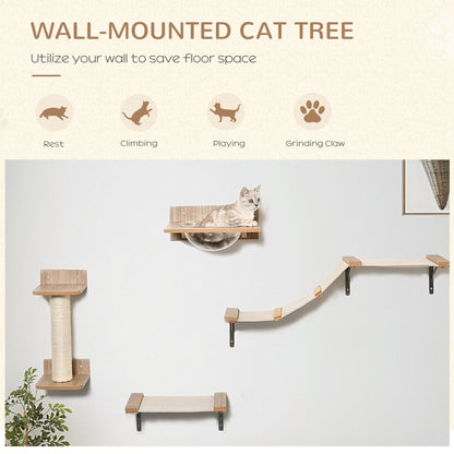 PawHut 4 Piece Wall-mounted Cats Climbing Shelf Set Cat Tree Kitten Perch Activity Centre with Hammock Scratching Post Jumping Platform Brown