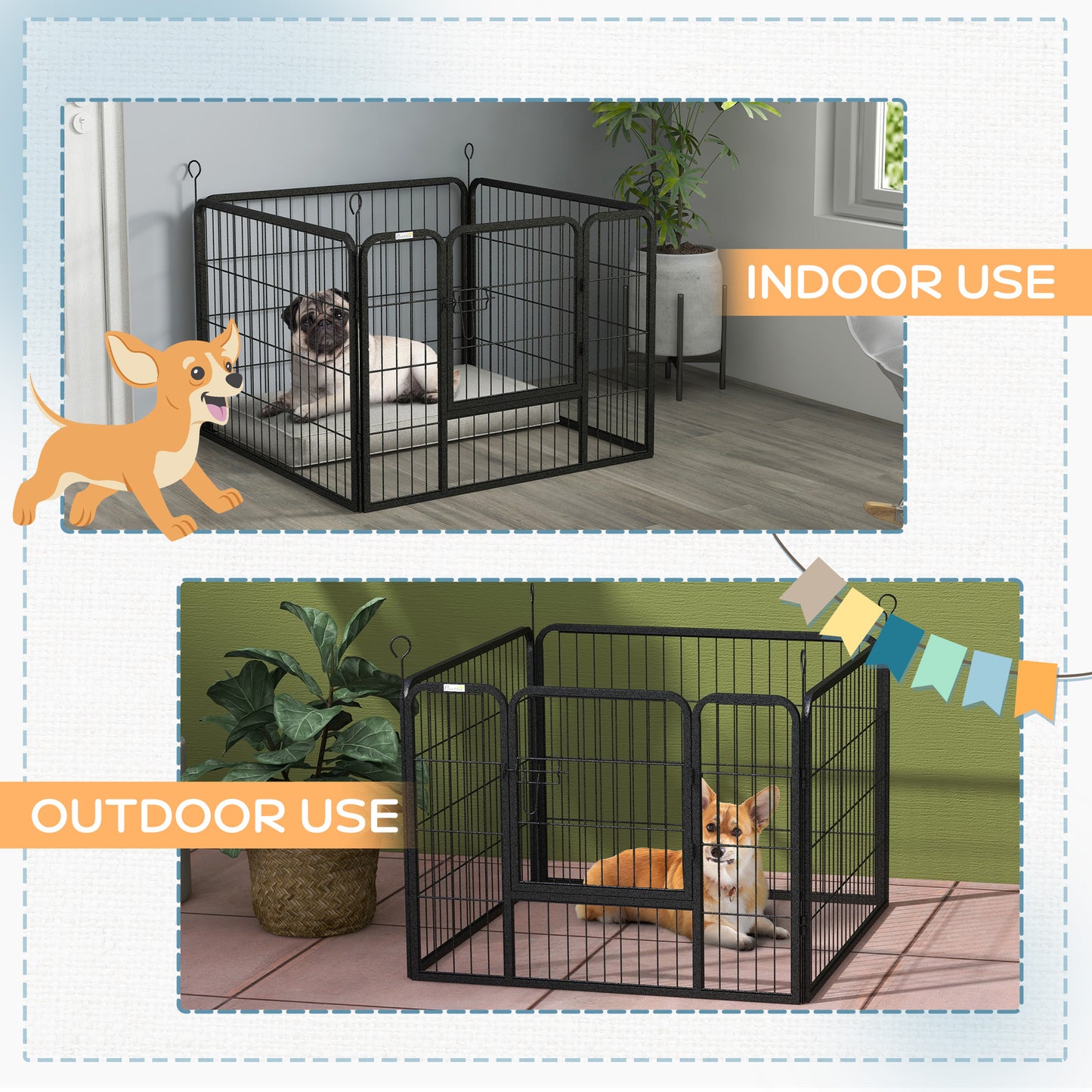 Pet Playpen | 4 Heavy-Duty Metal Panels | Lockable Step-Through Door | Ground Stakes | Foldable | Indoor & Outdoor | 82 x 82 x 60cm | Grey
