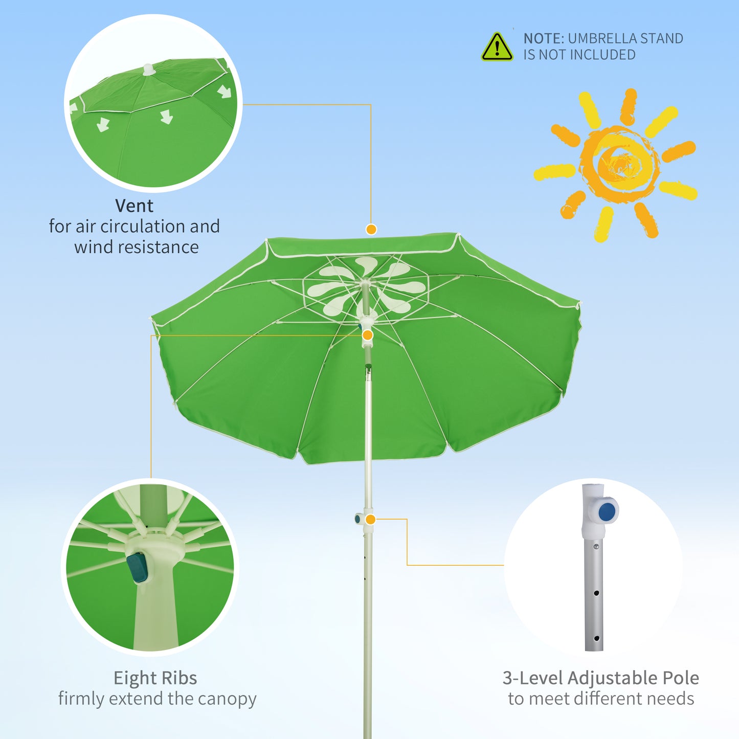 Outsunny Arc. 1.9m Beach Umbrella with Pointed Design Adjustable Tilt Carry Bag for Outdoor Patio Green