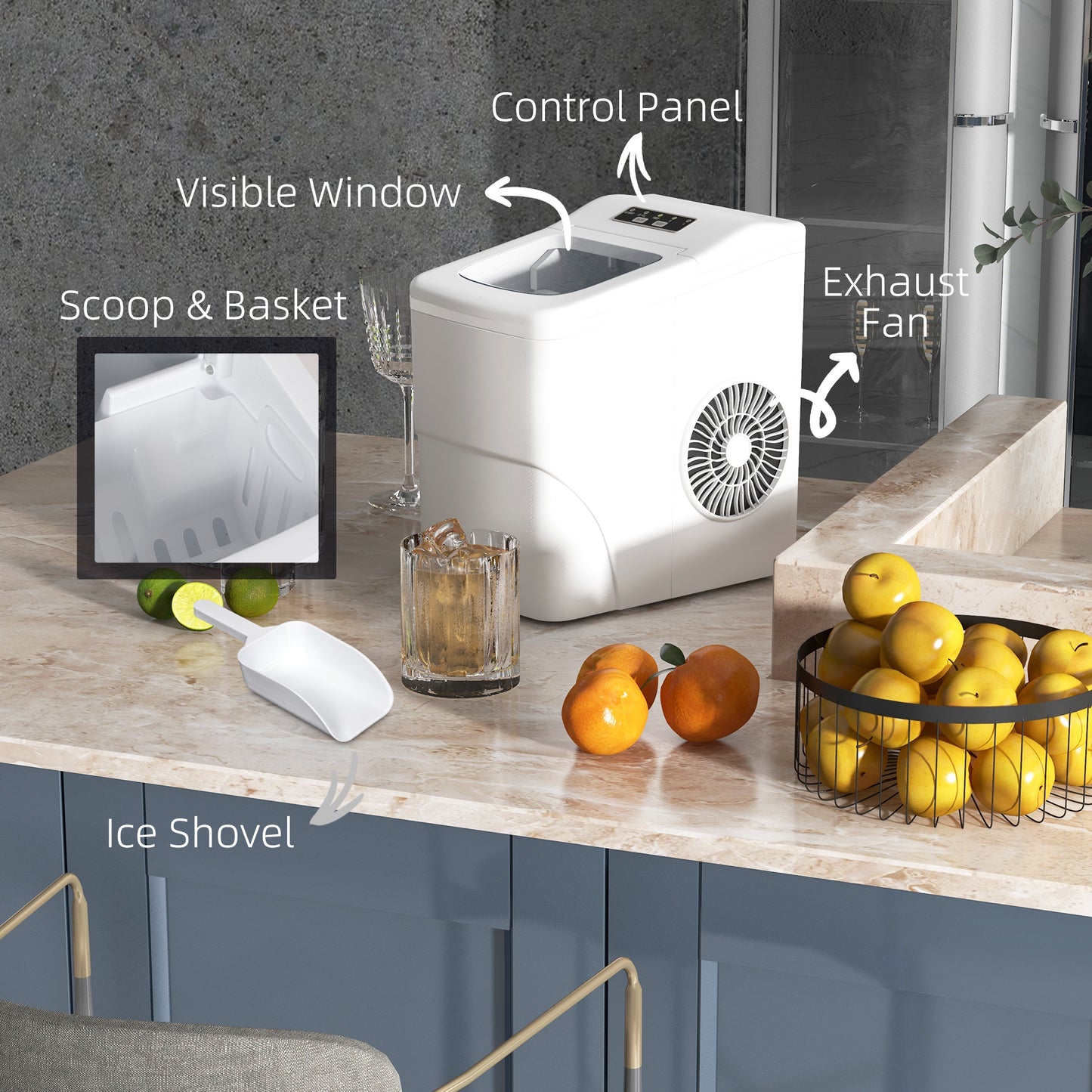 Portable Bullet Ice Cube Maker Machine Countertop, Automatic Cleaning, Visible Window Scoop And Basket For Kitchen - White