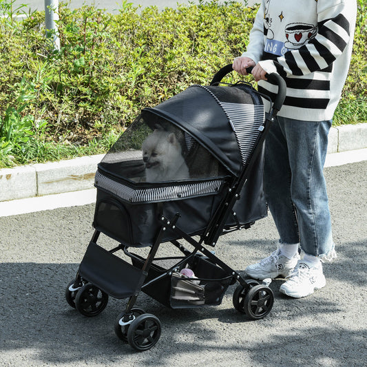 PawHut Pet Stroller Pushchair Foldable Travel Dog Cat Carriage w/ Reversible Handle Brake Basket