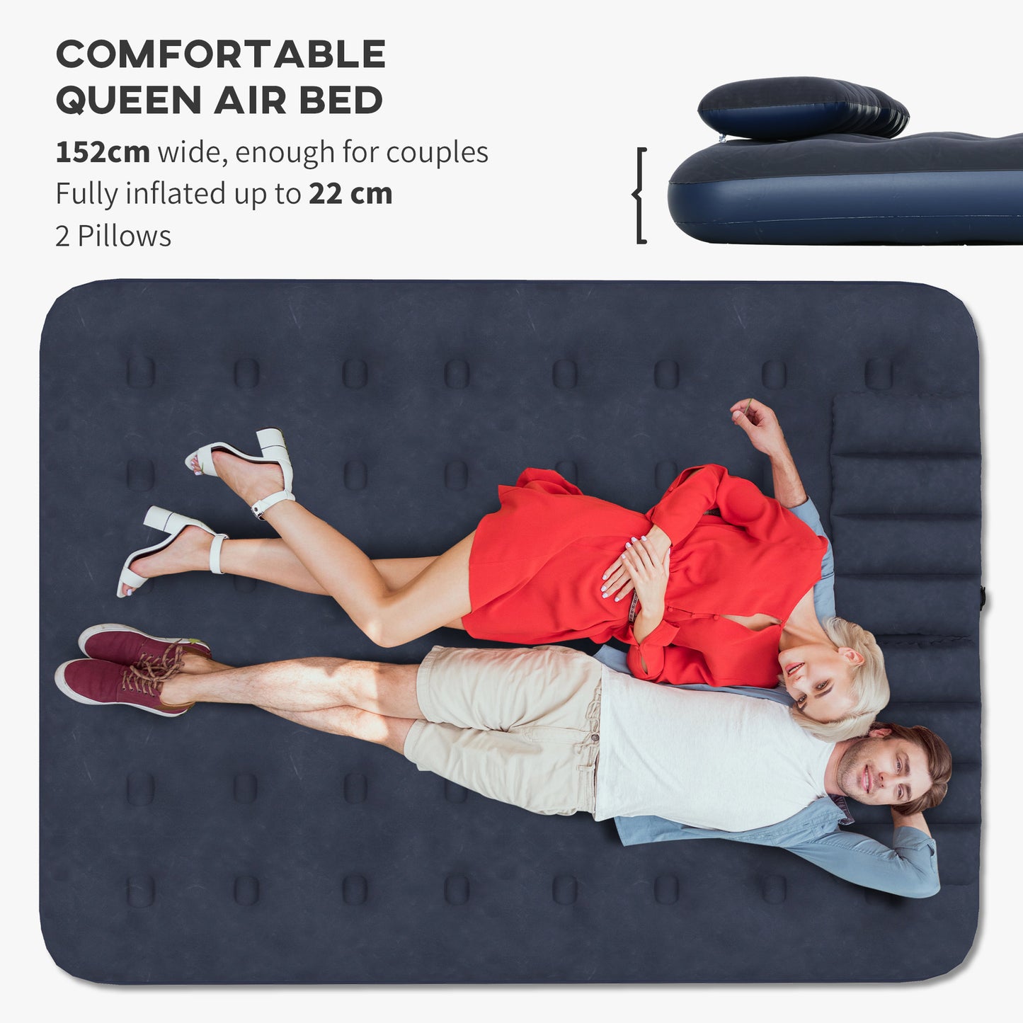 Outsunny Inflatable Queen Size Air Bed, with Built-In Hand Pump - Blue