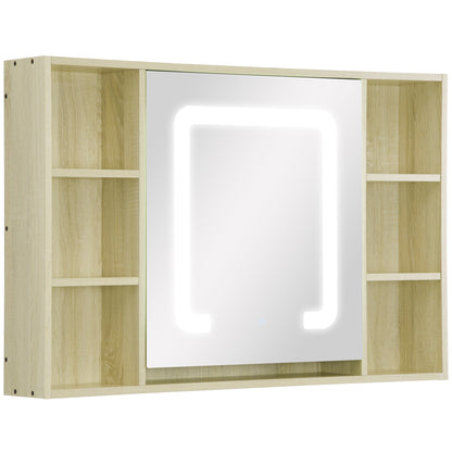 Kleankin LED Bathroom Mirror Cabinet, Wall Mounted Dimmable Medicine Cabinet with Adjustable Shelf and Mirrored Door, Natural