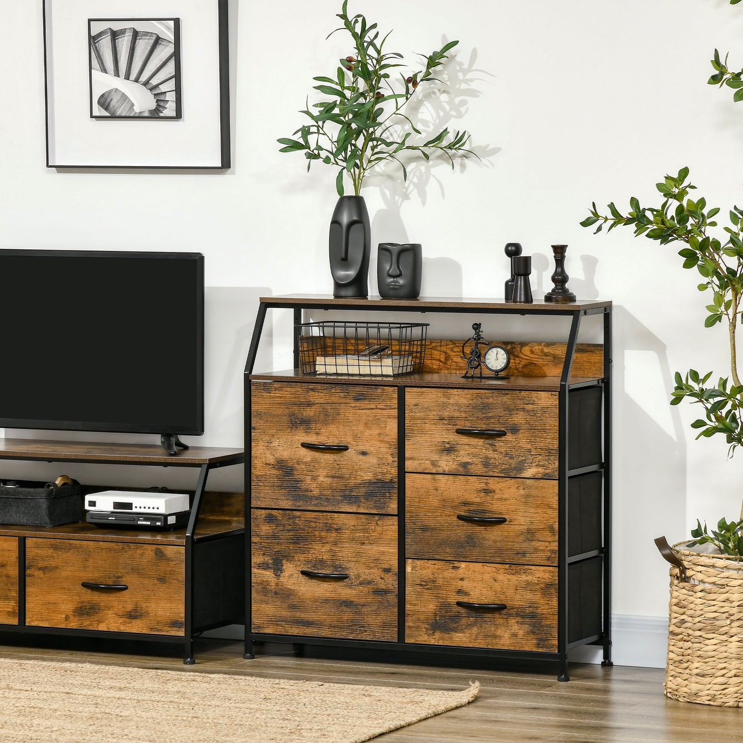 Chest of Drawers For Bedroom Industrial 5 Fabric Drawer Dresser with Open Shelf for Living Room, Rustic Brown
