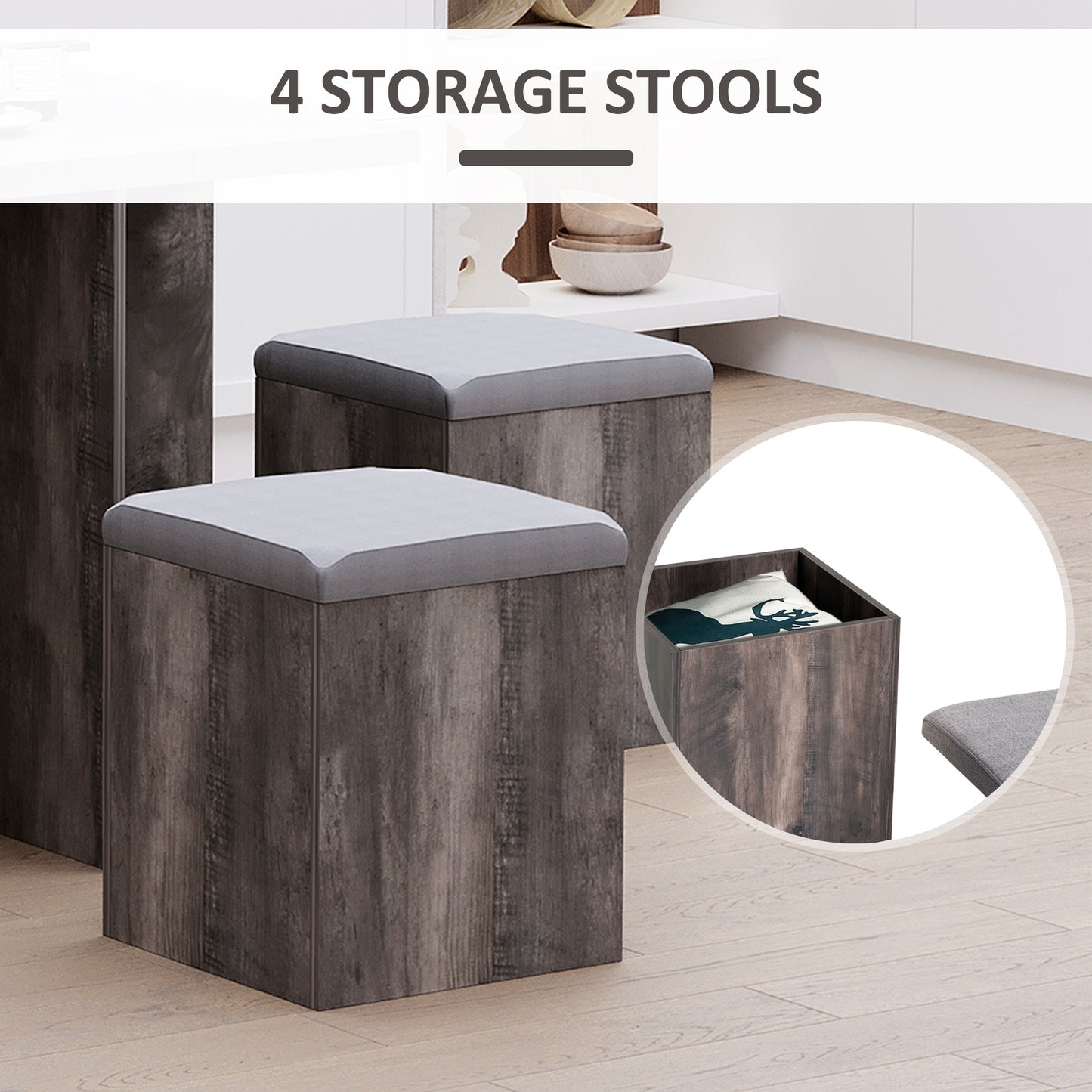 5 Piece Dining Set Garden Patio Wooden Set 4 Storage Stools Footrest Ottoman with Cushions + 1 Table Space Saving Design Indoor Outdoor