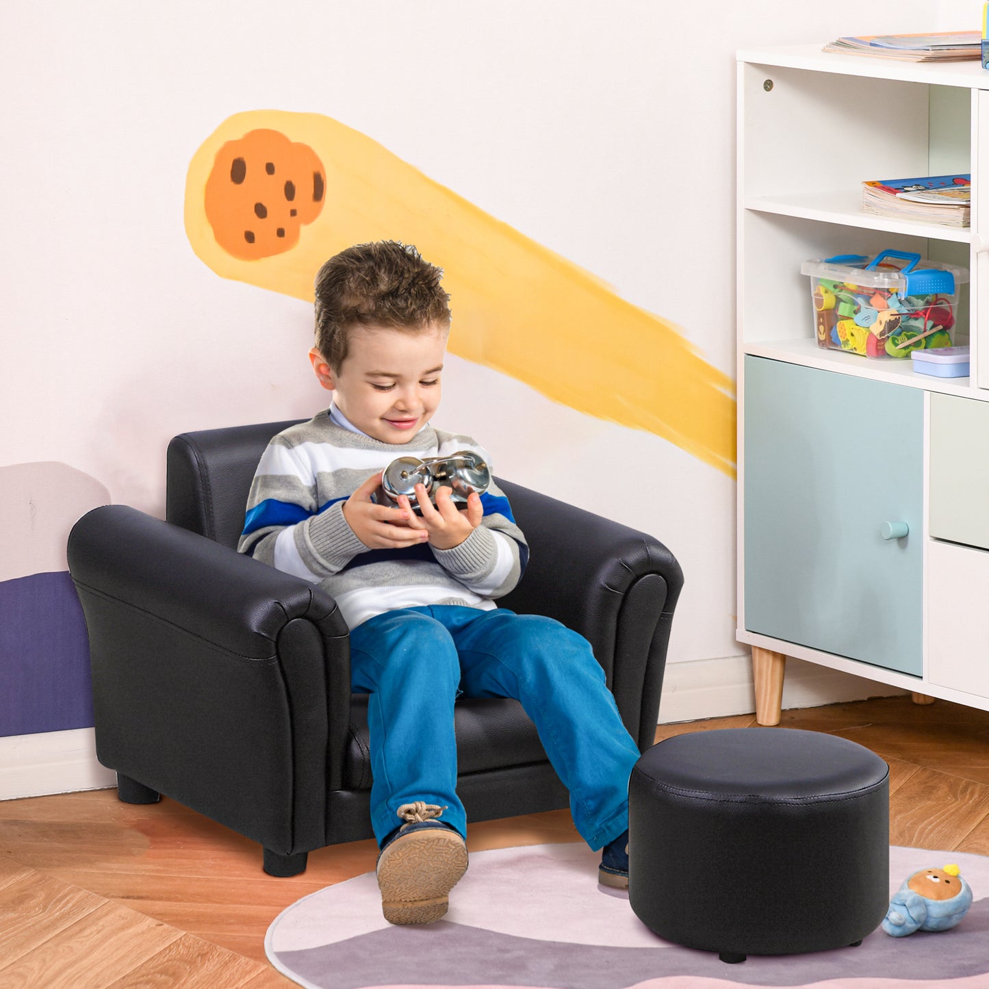 #Children Armchair W/Footstool-Black