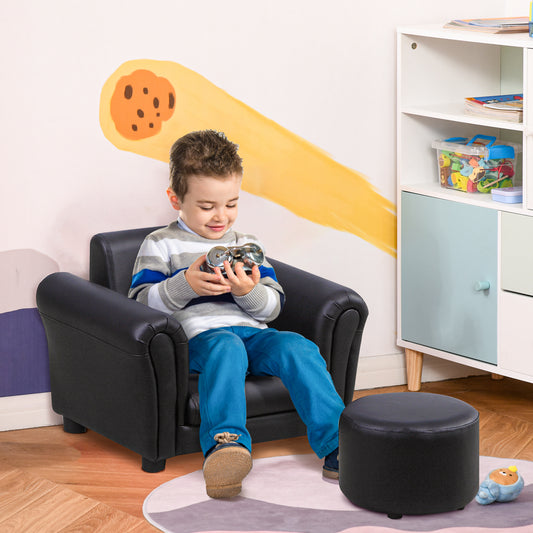#Children Armchair W/Footstool-Black