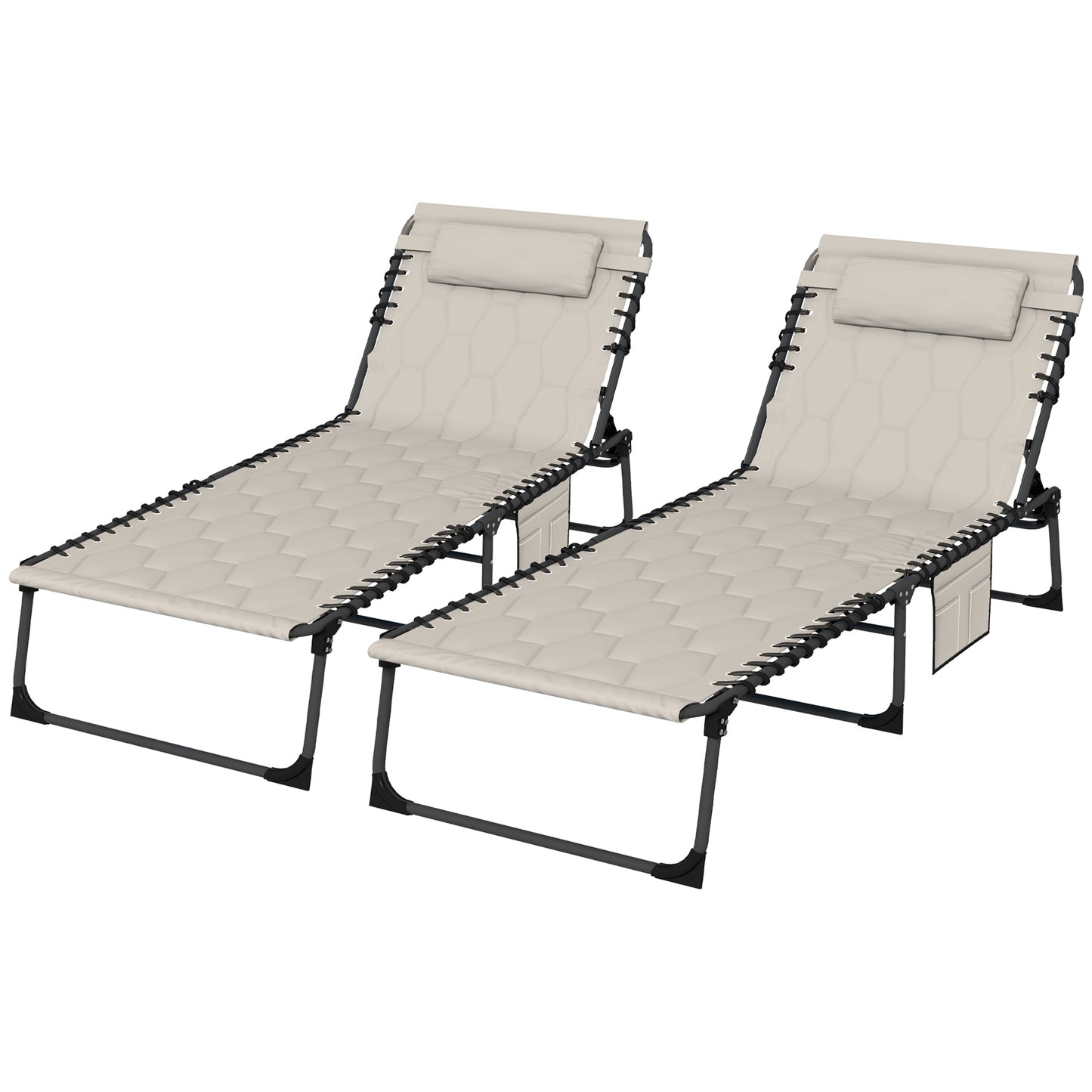 Foldable Sun Lounger Set With 5 Level Reclining Back, Outdoor Tanning Chairs With Build-in Padded Seat, Loungers With Side Pocket, Headrest - Khaki