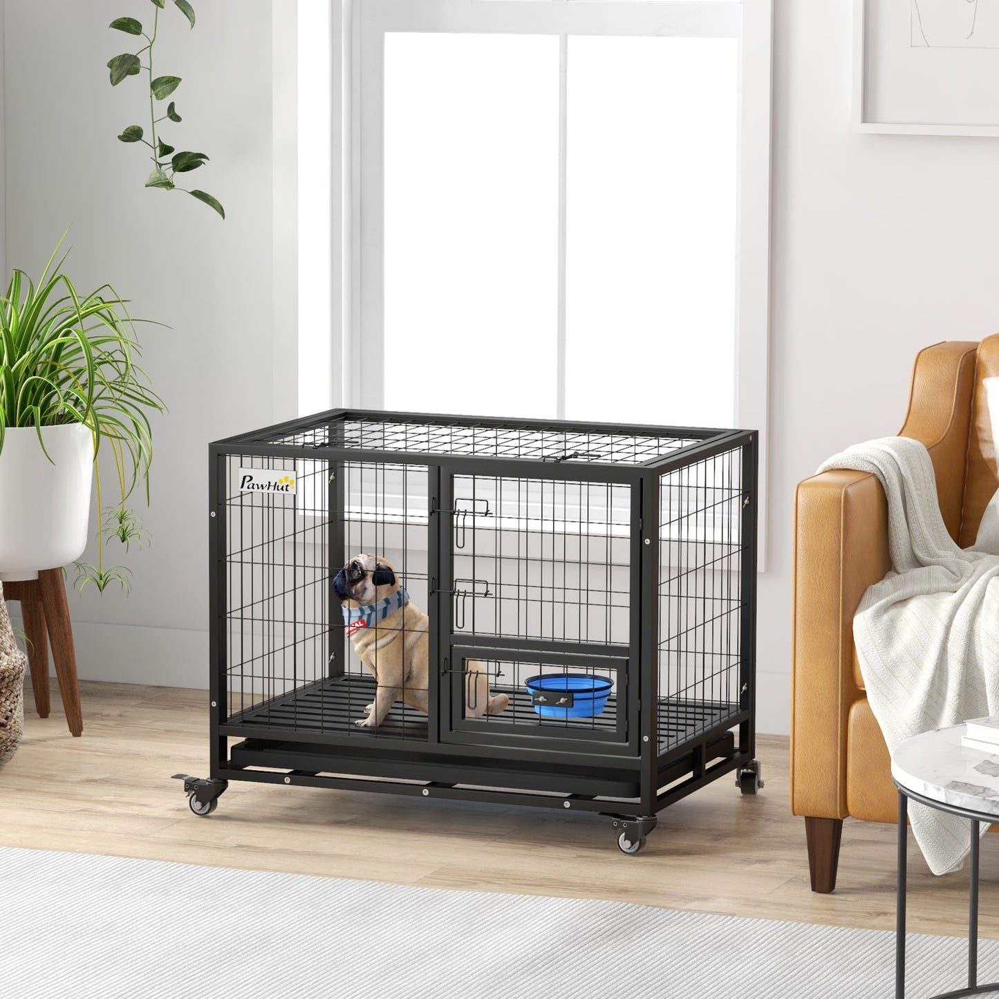 Dog Crate on Wheels | Double Doors | Bowl Holder & Foldable Bowl | Removable Tray | Detachable Top | Medium & Large Dogs up to 30kg | 92 x 62 x 73cm | Black