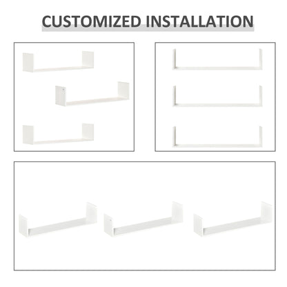 Set of 3 Wooden U-Shaped Floating Shelves Set Wall Mounted Hanging Bookshelf CD DVD Storage Display for Bedroom Living Room Kitchen, White