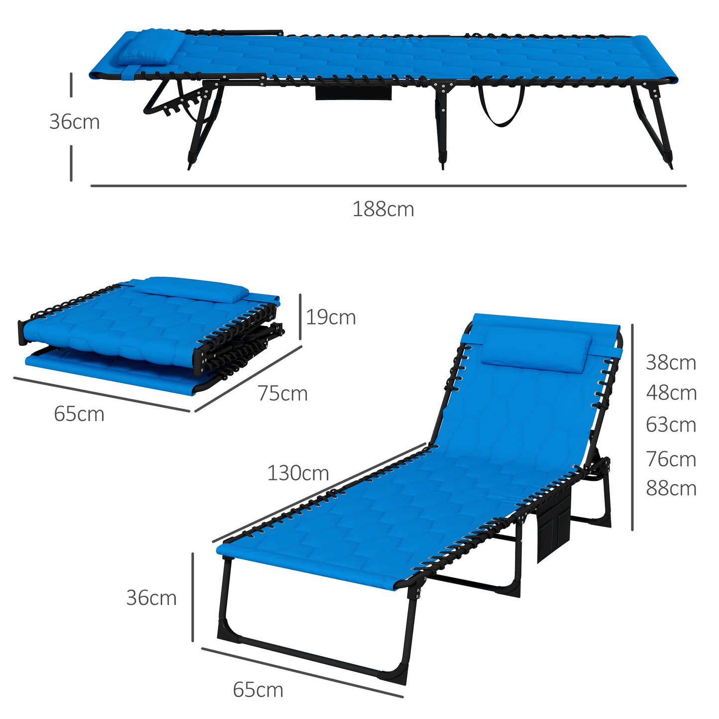 Foldable Sun Lounger Set With 5 Level Reclining Back, Tanning Chairs With Build-in Padded Seat, Loungers With Side Pocket, Headrest - Blue
