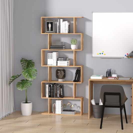 Wooden Wood S Shape Storage Display 6 Shelves Room Divider Unit Chest Bookshelf Bookcase Cupboard Cabinet Furniture (Oak)