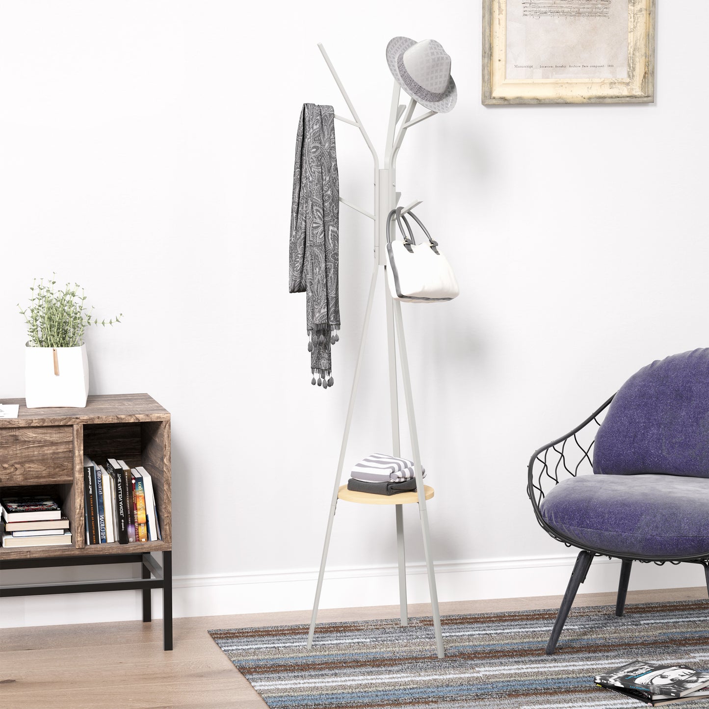 Free Standing Metal Coat Rack Stand 9 Hooks Clothes Tree with 1 Shelf Hat Display Hall Tree Hanger Bag for Hallway Living Room White 180cm