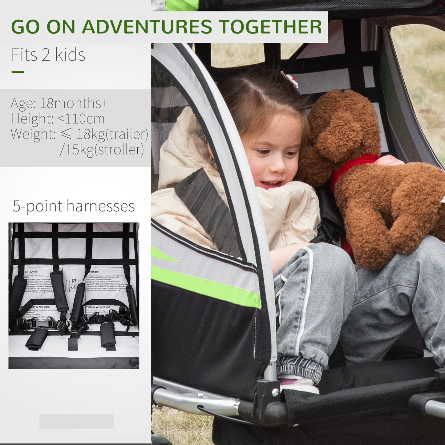 Child Bike Trailer 2 In 1 Baby Stroller 2-Seater Transport Carrier with Hitch Coupler, Brake, 5 Point Harness, Storage Bag, Reflector, Green
