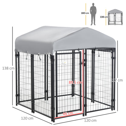 Outdoor Dog Kennel, Dog Run W/ UV-Resistant Canopy & Lockable Design, Metal Playpen Fence for Small and Medium Dogs, 120 x 120 x 138 cm