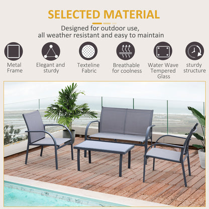 Outsunny 4 Piece Curved Steel Patio Furniture Set w/ Loveseat, Texteline Seats, Glass Top Table For Party Event, Grey