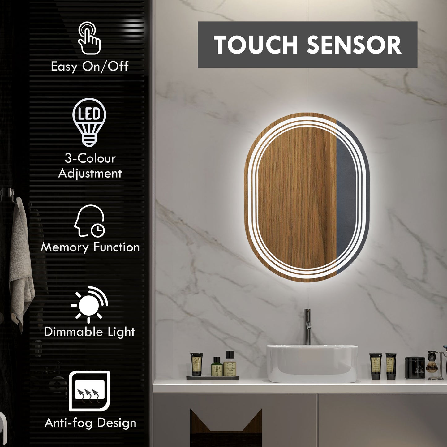 K700 x 500mm Bathroom Mirror with LED Lights Makeup Mirror with Anti-fog Touch, Switch, Vertical or Horizontal