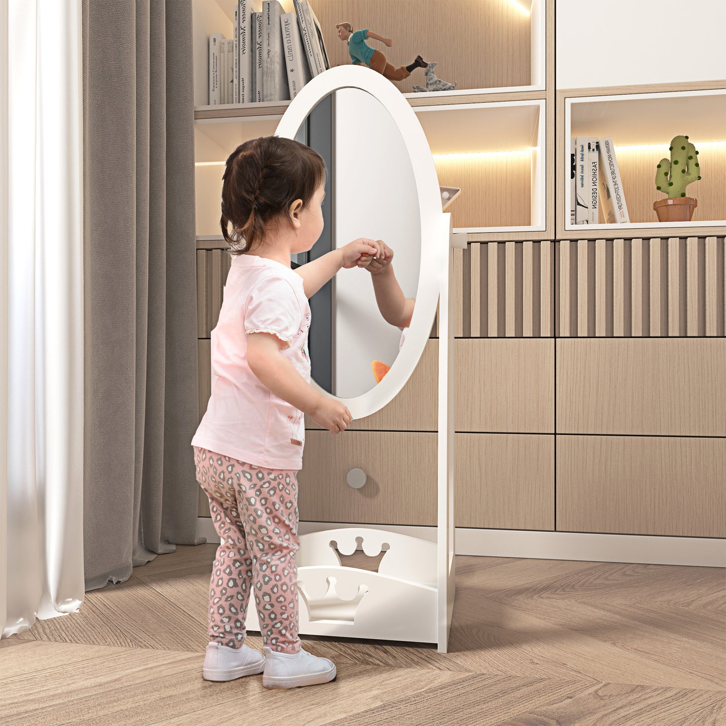 HOMCOM Free Standing Full Length Mirror, Child's Dressing Mirror with storage shelf 360° Rotation MDF, For 3- 8 Years Old, 40L x 30W x 104H cm
