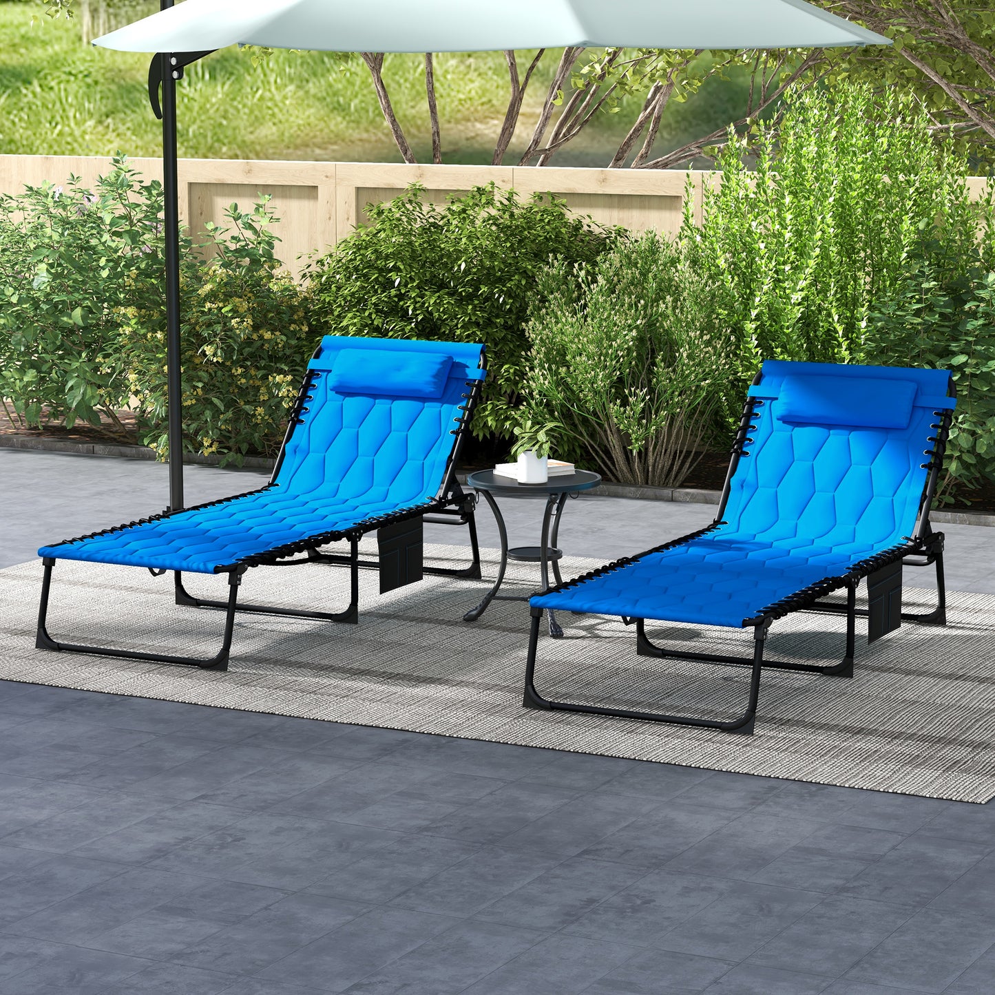 Foldable Sun Lounger Set With 5 Level Reclining Back, Tanning Chairs With Build-in Padded Seat, Loungers With Side Pocket, Headrest - Blue