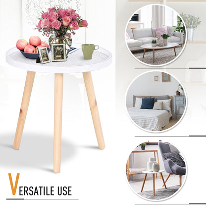 Flower Etched Side Table w/Saucer Top Wood Legs Living Room Bedroom Furniture Coffee End Table Display Decoration Elegant - White