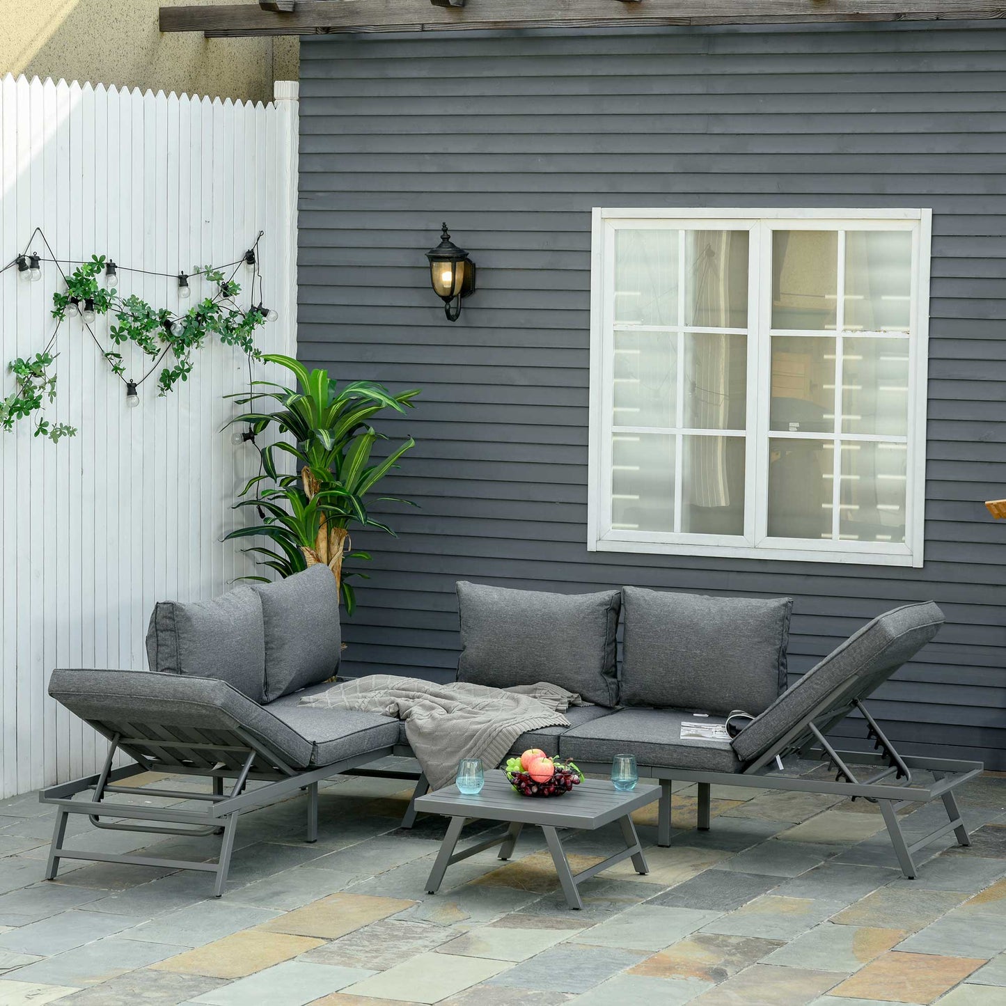 Outsunny 3  Piece Garden Seating Set w/ Convertible Sofa Lounge Table Padded Cushions Outdoor Patio Furniture Couch Grey