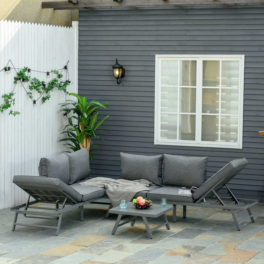 Outsunny 3  Piece Garden Seating Set w/ Convertible Sofa Lounge Table Padded Cushions Outdoor Patio Furniture Couch Grey