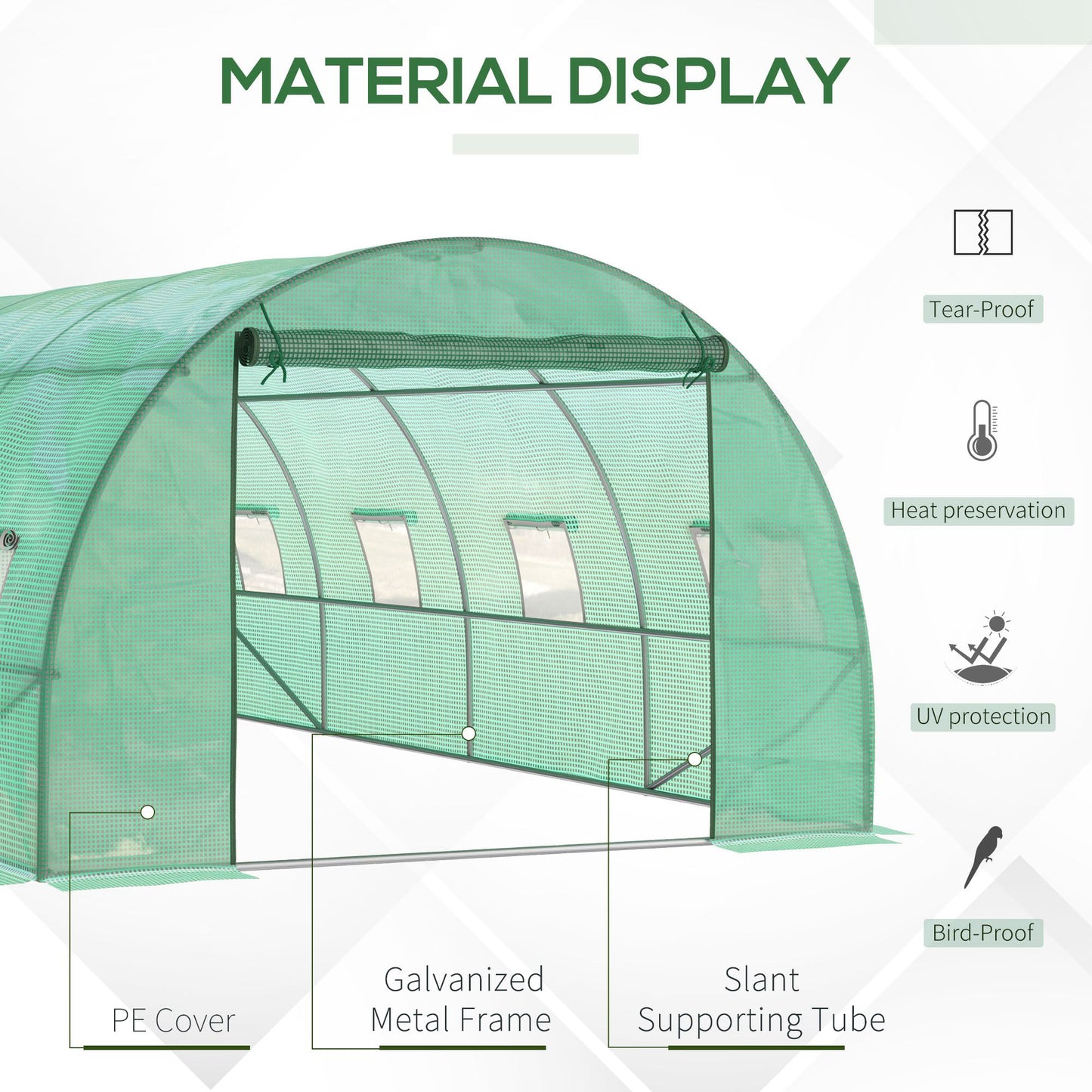 Outsunny 6 x 3 m Large Walk-In Greenhouse Garden Polytunnel Greenhouse with Steel Frame, Zippered Door and Roll Up Windows, Green