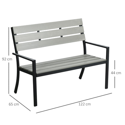 Outsunny 2 Seater Garden Bench, Slatted Outdoor Bench with Steel Frame, Garden Loveseat, 122 x 65 x 92 cm, Grey