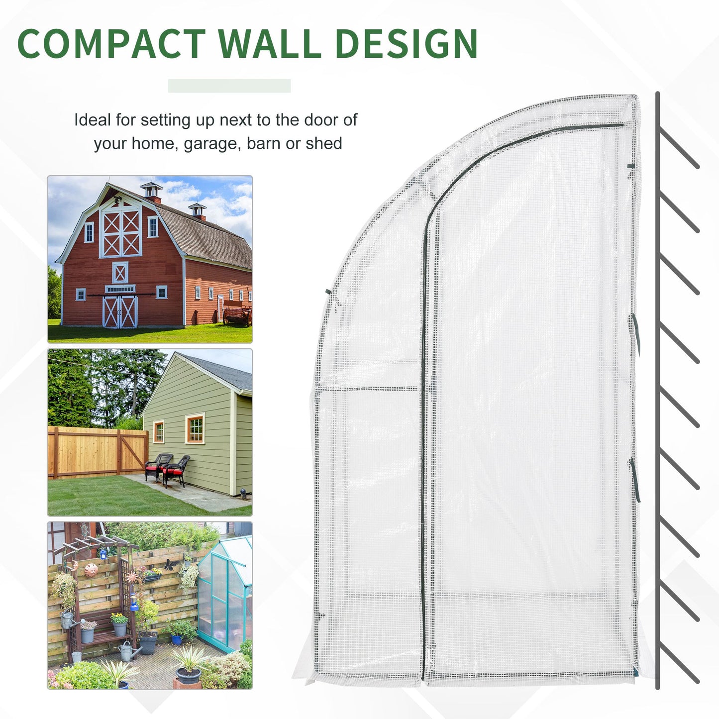 Outsunny Outdoor Walk-In Lean to Wall Greenhouse with Zippered Roll Up Door and PE Cover, 143L x 118W x 212Hcm, White