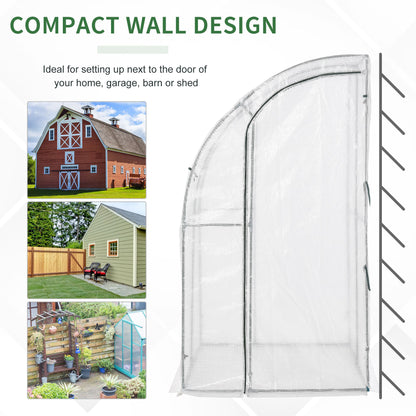 Outsunny Outdoor Walk-In Lean to Wall Greenhouse with Zippered Roll Up Door and PE Cover, 143L x 118W x 212Hcm, White