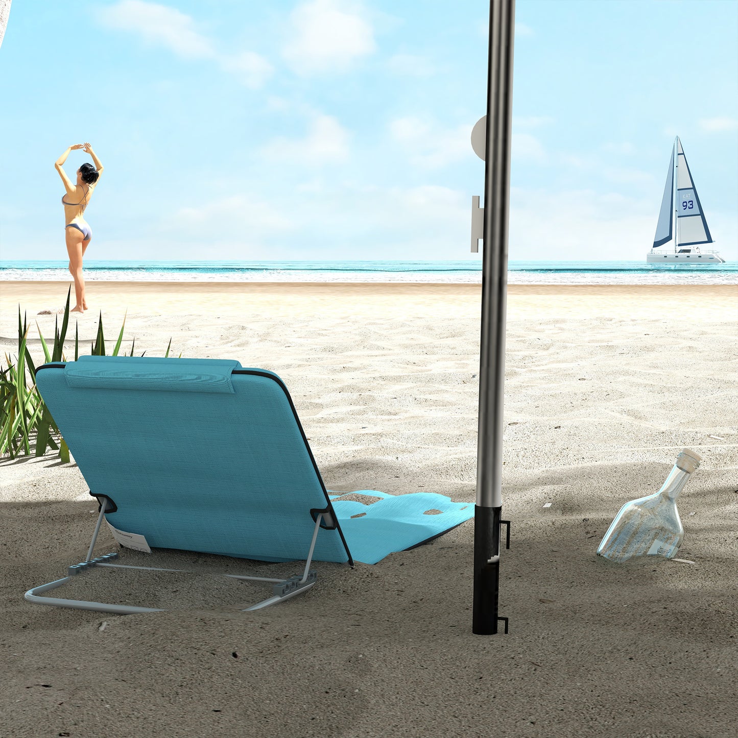 Outsunny Metal Frame PE Fabric 2 Pieces Outdoor Beach Reclining Chair Set w/ Pillow Light Blue