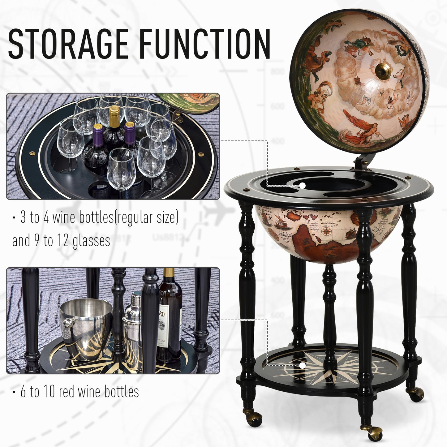 Unique Globe Drinks Cabinet Wood Frame 3 Compartments Bottles Glasses w/ Bottom Shelf 4 Wheels Elegant Antique Movable Safe Storage