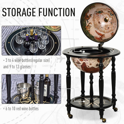 Unique Globe Drinks Cabinet Wood Frame 3 Compartments Bottles Glasses w/ Bottom Shelf 4 Wheels Elegant Antique Movable Safe Storage