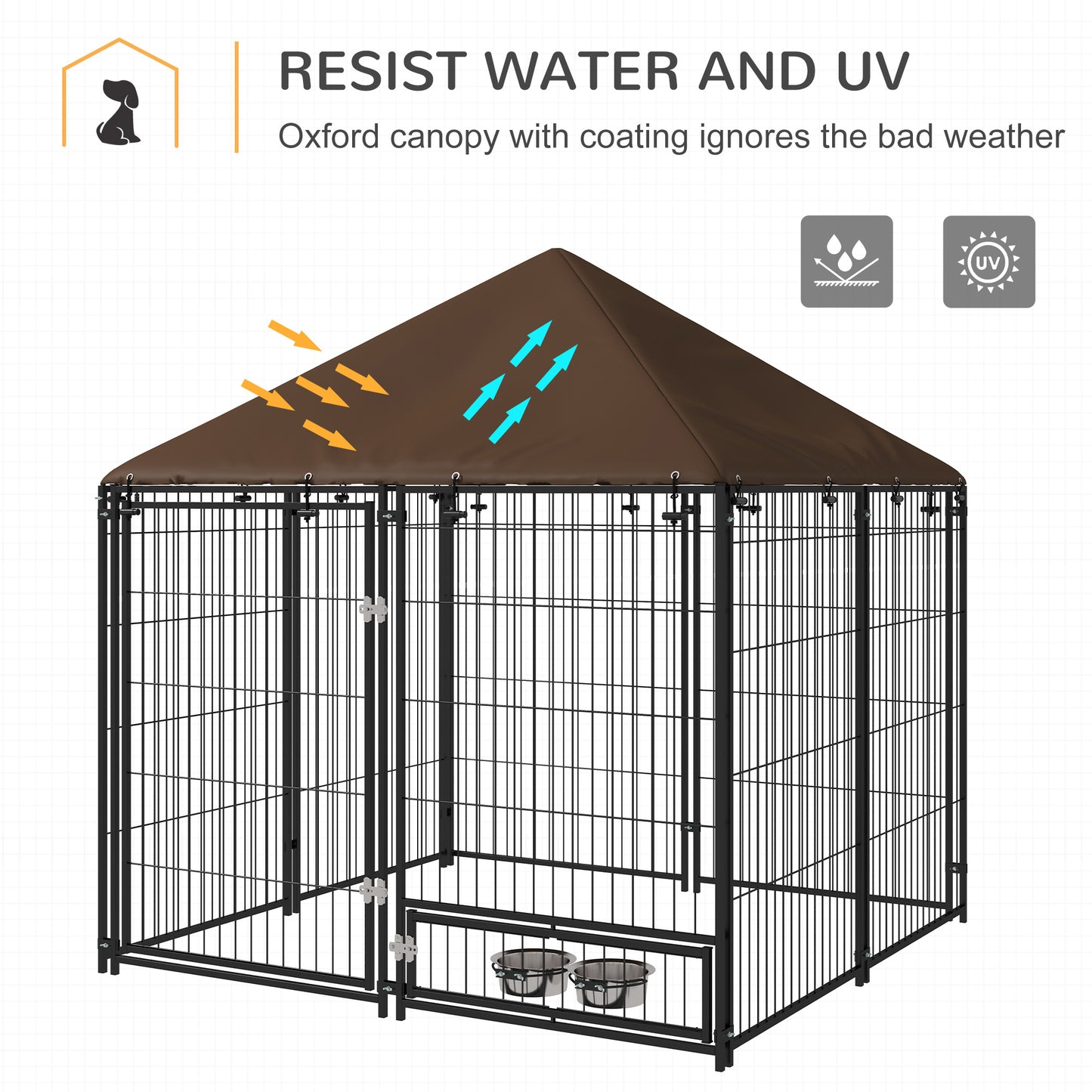 Outdoor Dog Kennel & Playpen | Waterproof Canopy | Lockable Gate | Rotating Bowl Holder | 2 Bowls Included | 141 x 141 x 151cm | Brown