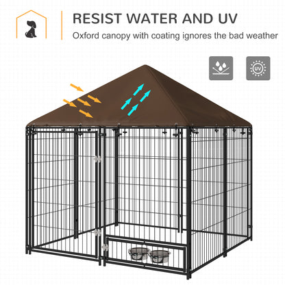 Outdoor Dog Kennel & Playpen | Waterproof Canopy | Lockable Gate | Rotating Bowl Holder | 2 Bowls Included | 141 x 141 x 151cm | Brown