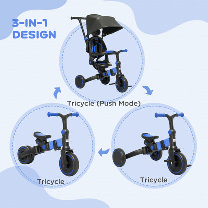 AIYAPLAY 3-in-1 Tricycle for Kids with Aluminium Frame, Baby Trike with Adjustable Push Handle, Canopy and Seat Angle for 18-48 Months, Blue