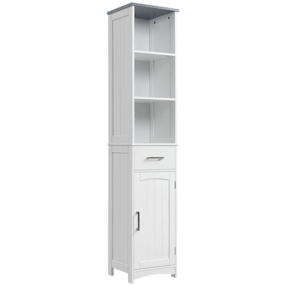 Kleankin Tall Bathroom Storage Cabinet with 3 Tier Shelf, Cupboard, Drawer, Door, Freestanding Linen Tower, Slim Side Organizer, White