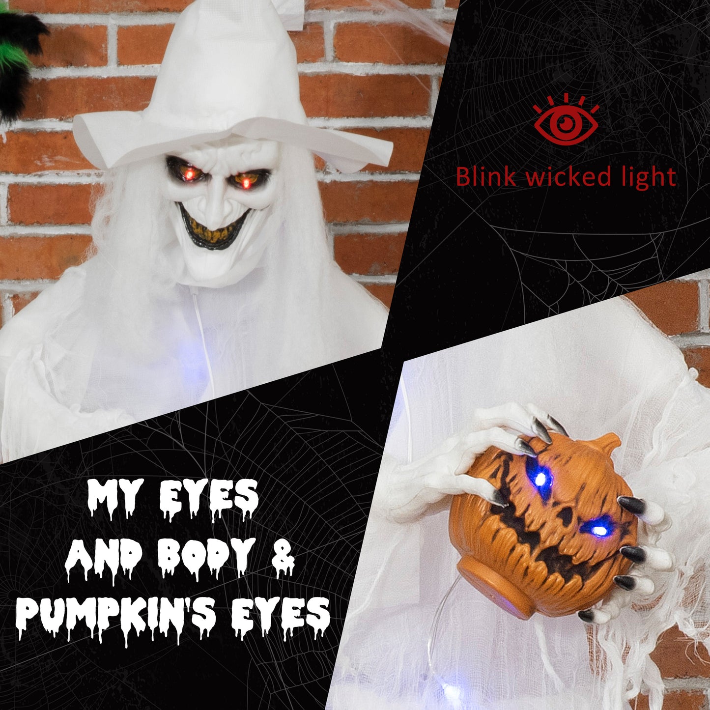72 Inch Halloween Decorations White Witch Holding Pumpkin Head, Standing Skeleton Ghost Prop Life Size, Motion Activated Light Up Eyes Body