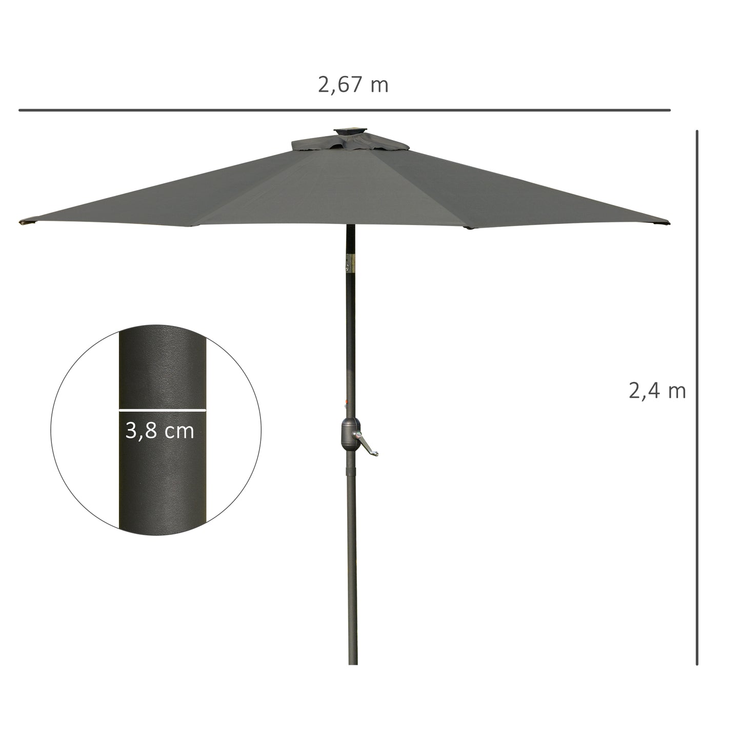 Outsunny 2.7m Garden Parasol, Patio LED Umbrella with Push Button Tilt/Crank 8 Rib Sun Shade for Outdoor Table Market Umbrella Grey