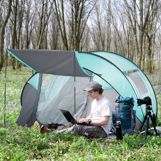 Outsunny 4 Person Pop Up Camping Tent with Vestibule Weatherproof Cover, Instant Backpacking Tent w/ Carry Bag for Fishing Hiking, Tiffany Blue