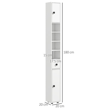 Kleankin 180cm Tall Slim Bathroom Cabinet, Narrow Toilet Roll Storage w/ Open Shelves, 2 Door Cabinets, Adjustable Shelves, for Kitchen, White