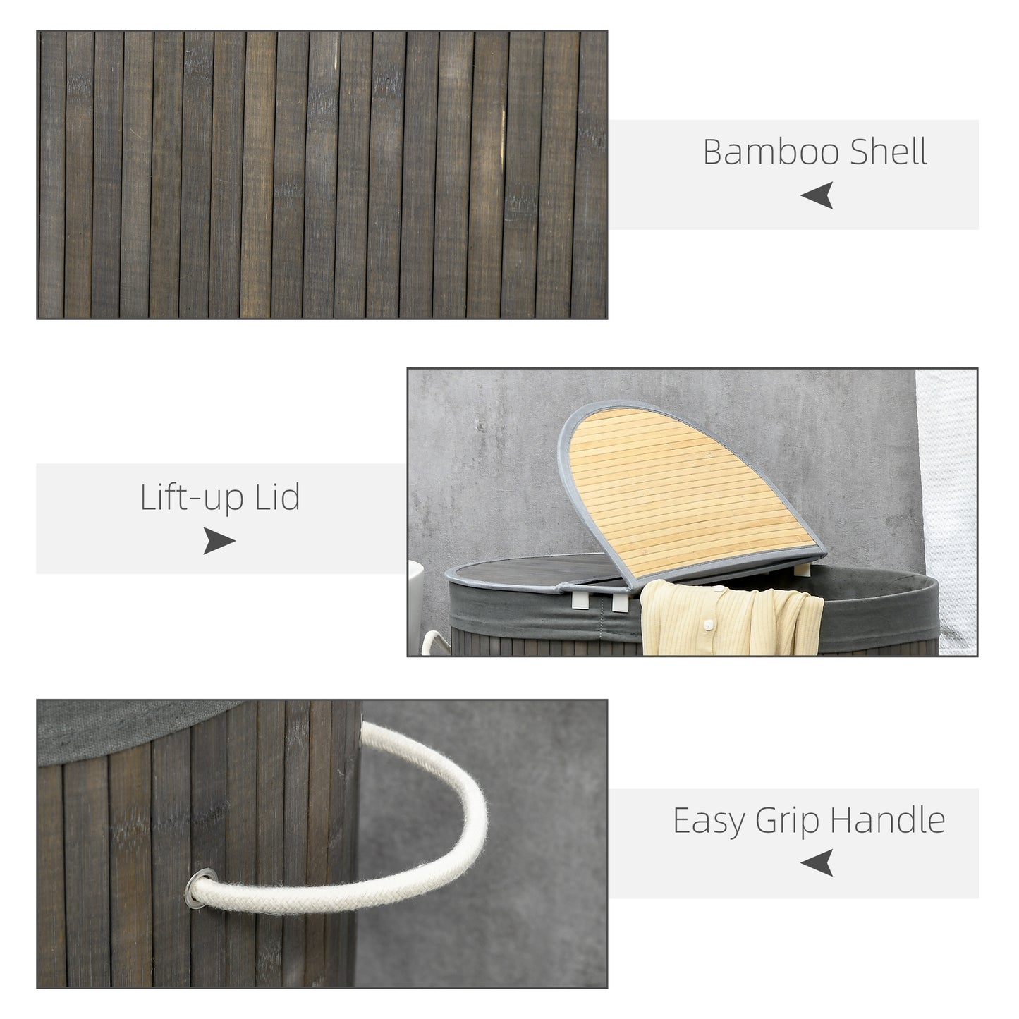 Bamboo Laundry Basket with Lid, 100 Litres Laundry Hamper with 2 Sections, Removable Washable Lining, Washing Baskets, 62.5 x 37 x 60.5cm, Grey