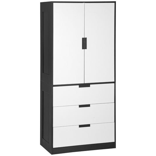 2 Door Wardrobe, Modern Wardrobe with 3 Drawers and Hanging Rod for Bedroom, White