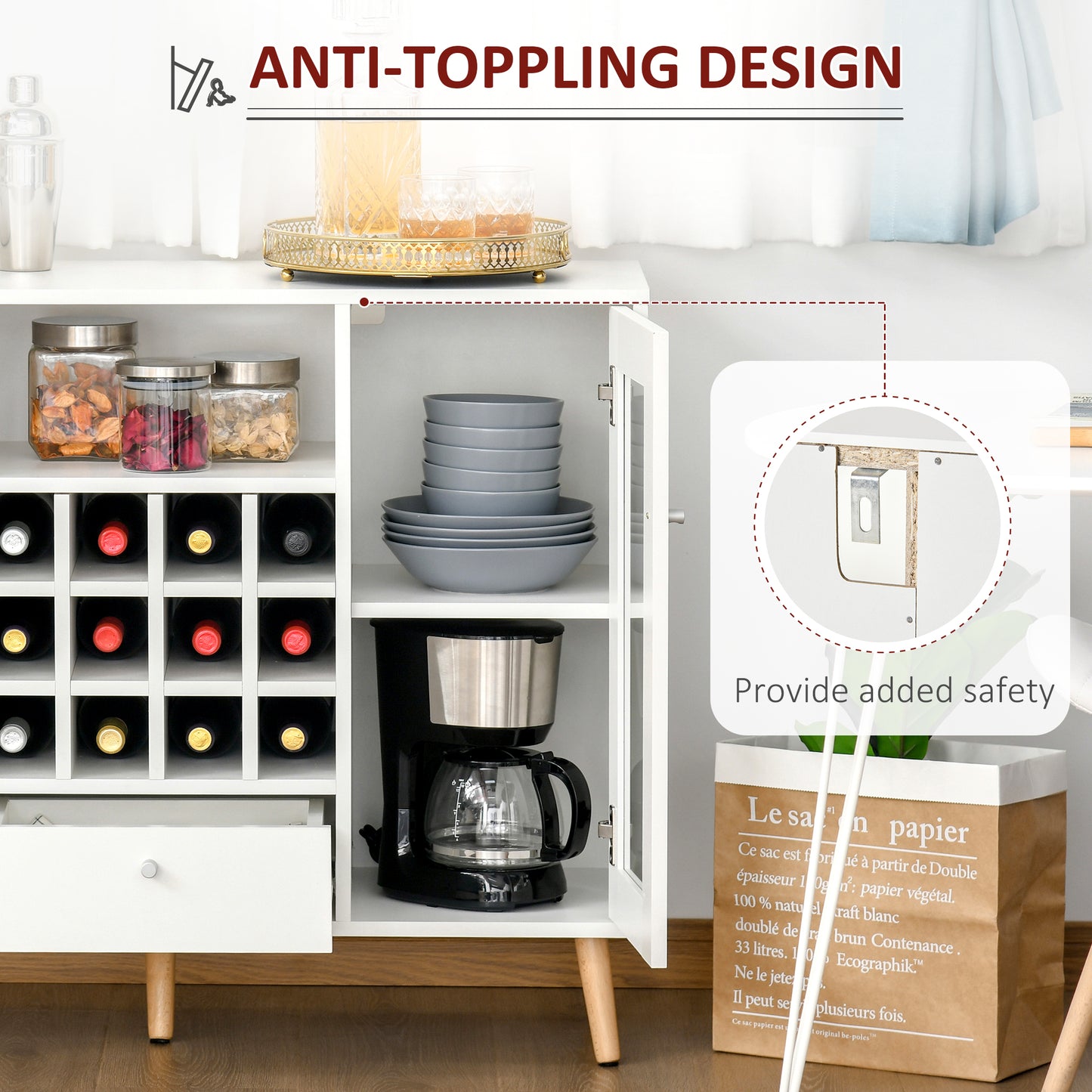 Modern Sideboard Storage Cabinet Kitchen Cupboard Dining Bar Server with Glass Doors, Drawer & 12-Bottle Wine Rack for Living Room, White