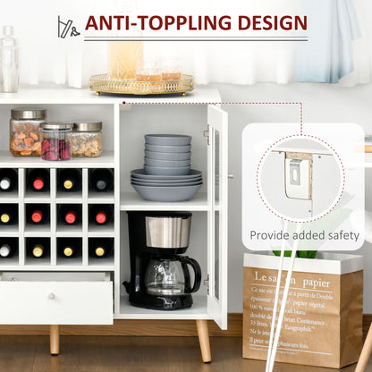 Modern Sideboard Storage Cabinet Kitchen Cupboard Dining Bar Server with Glass Doors, Drawer & 12-Bottle Wine Rack for Living Room, White