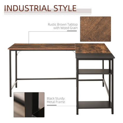 L-Shaped Computer Desk Industrial Corner Writing Desk with Adjustable Storage Shelf Space-Saving Home Office Workstation Rustic Brown