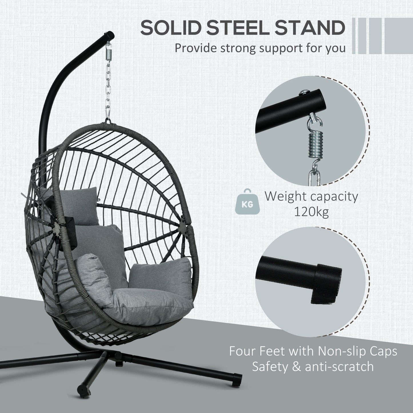 Outsunny Outdoor Patio Hanging Swing Chair, Thick Padded Cushion With Metal Stand, Foldable Basket For Indoor And Outdoor - Grey